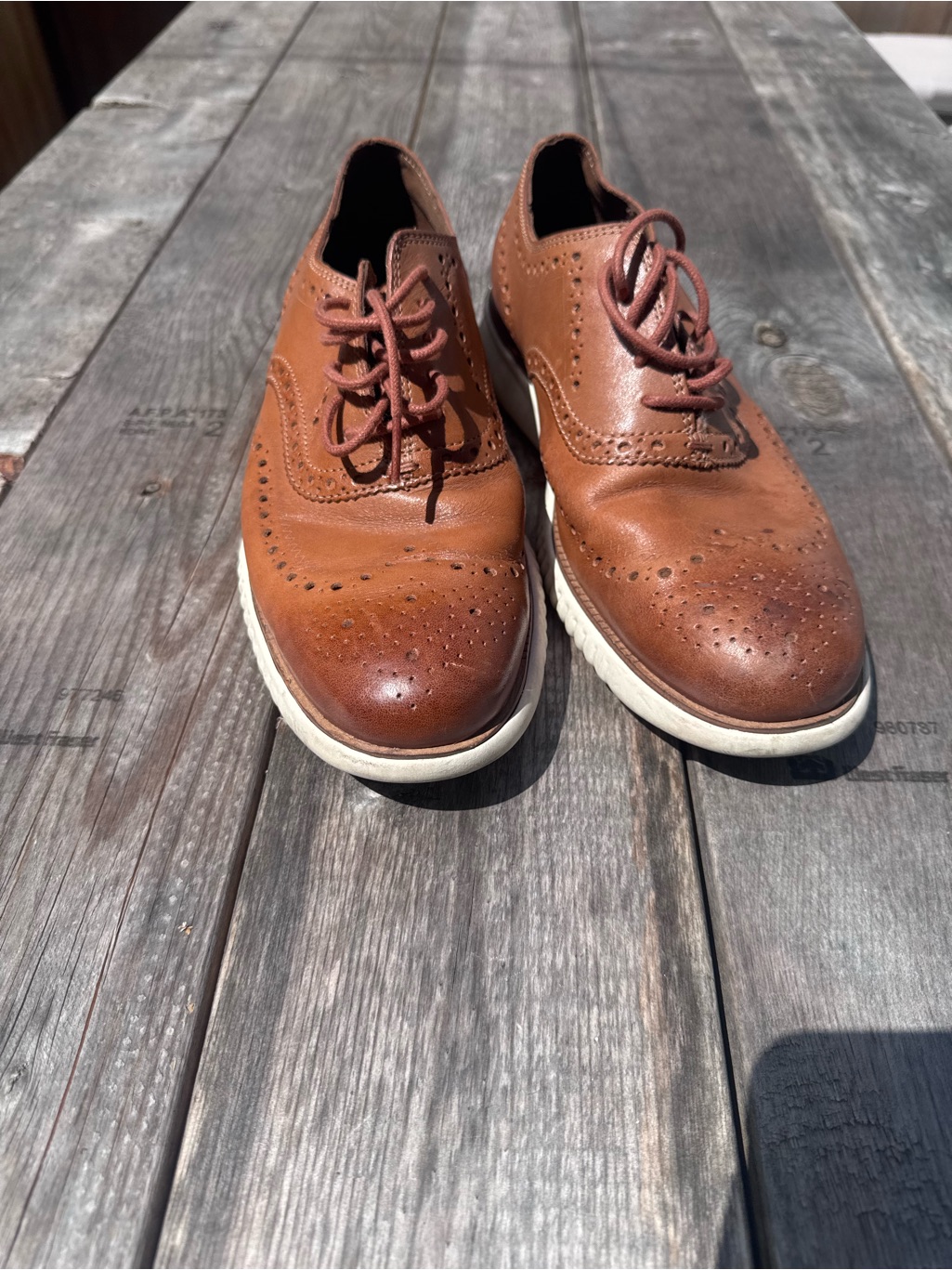 Cole Haan Tan Brown Leather Wingtip Derbys With White Sole